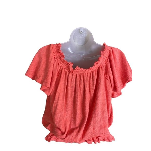 Free People Top Size XS Orange Linen Blend Flutter Sleeve Drawstring Neck EUC - Picture 5 of 14